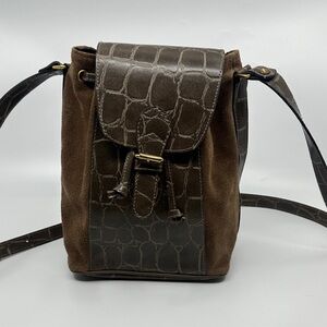 Brown Croc-Embossed With Suede Sides Bucket Shoulder Bag